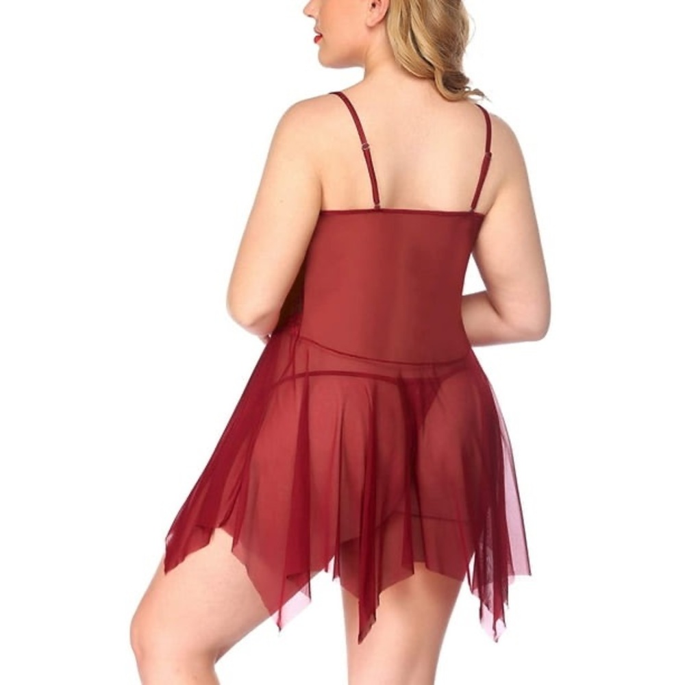Chama Plus Size Lingerie Lace Babydoll Sexy V Neck Mesh Sleepwear Set - Picture 2 of 8